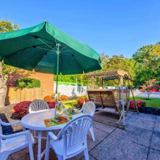 A sunny backyard patio with a table, chairs, and a large green umbrella.
