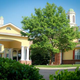 A picturesque view of a building entrance with columns and lush greenery.