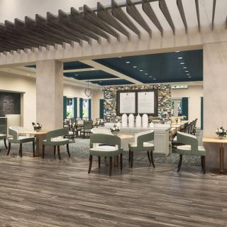 A modern restaurant interior with stylish seating and contemporary decor.