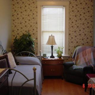 A cozy bedroom with a bed, armchair, and a lamp on a nightstand between two potted plants.