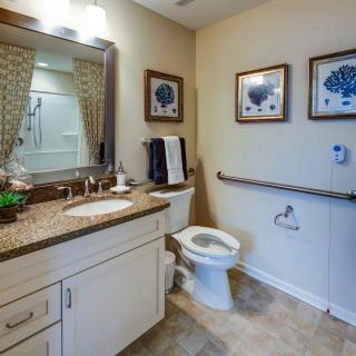A well-lit bathroom with a sink, toilet, and decorative elements.