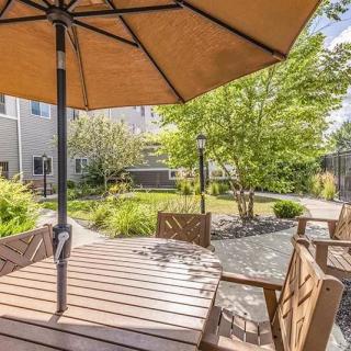 A sunny outdoor patio area featuring a wooden table with an umbrella and chairs, surrounded by a landscaped garden.