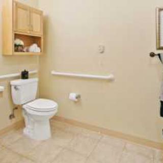 A clean and accessible bathroom with grab bars and a wall cabinet.