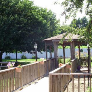 A serene wooden bridge leading to a gazebo, surrounded by lush greenery in a peaceful park.