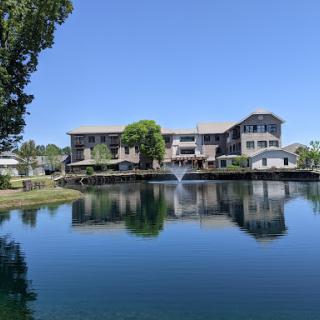 A picturesque building reflected in a serene pond, featuring a fountain and surrounded by lush greenery under a clear blue sky.