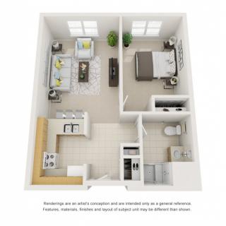 A 3D floor plan of a one-bedroom apartment featuring an open living room and kitchen, a separate bedroom, and a bathroom.