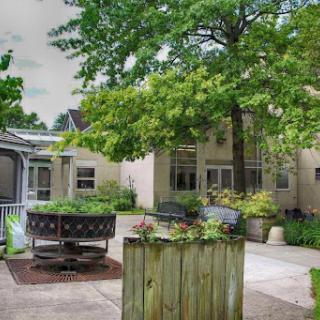 A serene courtyard featuring greenery and inviting seating areas.
