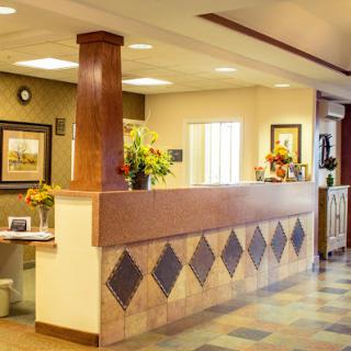 A welcoming reception area featuring a wooden counter and decorative elements.
