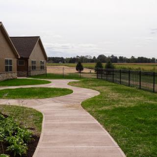 A winding pathway leads through a well-maintained yard next to a house.
