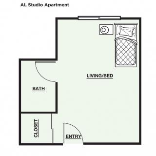 Floor plan of a studio apartment featuring a living/bedroom area, bathroom, and closet.