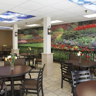 A cozy cafe with round tables and chairs, featuring a vibrant floral mural on the wall.