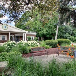 A peaceful garden area with benches surrounded by lush greenery and flowers.