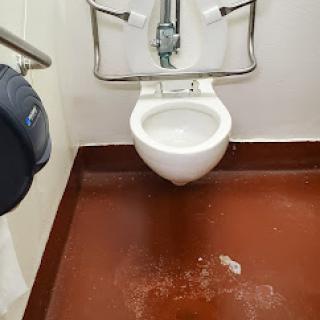 A view of a public restroom toilet area, showcasing the cleanliness and accessibility features.