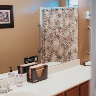 A cozy bathroom setting featuring a stylish shower curtain and clean vanity.