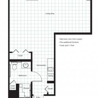 A floor plan of a one-bedroom apartment featuring a bathroom, kitchen, and living area.