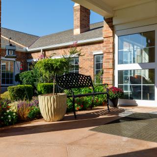 A sunny courtyard with a bench and potted plants near a building entrance.