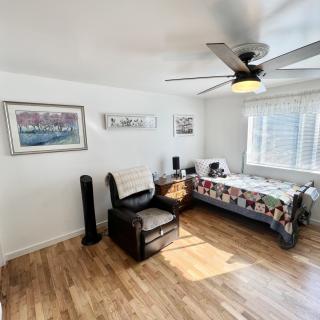 A bright and cozy bedroom with modern furnishings, featuring a bed, armchair, and ceiling fan.
