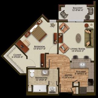 This is a floor plan of a one-bedroom apartment showcasing the layout of the living room, kitchen, bedroom, bathroom, and balcony.