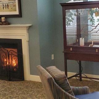 A cozy living room with a lit fireplace and elegant furniture.