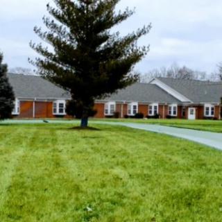 A suburban residential area with a neatly maintained lawn and a row of houses.
