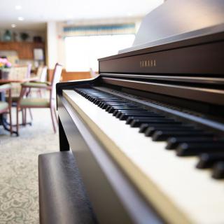Close-up of a piano's keyboard in a cozy indoor setting.