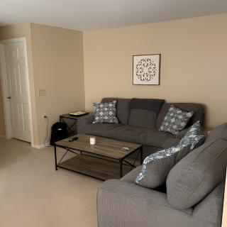 A cozy living room with a gray sofa set, coffee table, and decorative wall art.