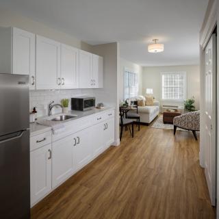 Modern apartment interior with a small kitchen and adjacent living room.