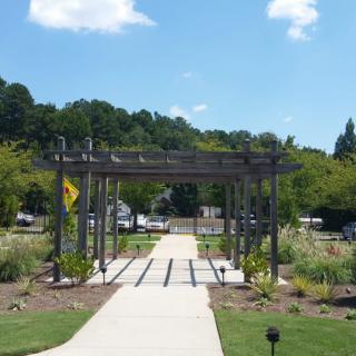A sunny day in a beautifully landscaped garden featuring a pergola over a pathway.