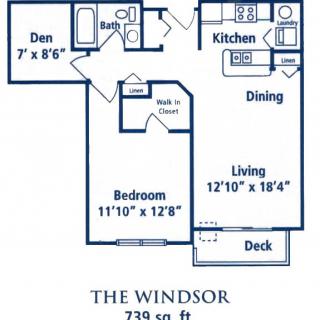 A floor plan for The Windsor, a 739 sq ft apartment with one bedroom, a den, living room, kitchen, dining area, and a deck.