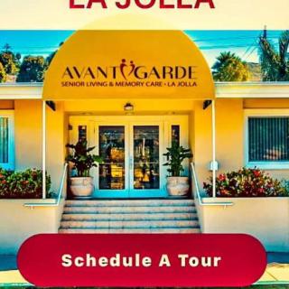 Entrance of AvantGarde Senior Living and Memory Care in La Jolla with a 'Schedule A Tour' option.