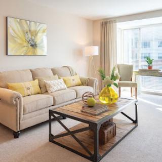 A cozy and well-lit living room featuring a comfortable sofa, a stylish coffee table, and vibrant decorative elements.