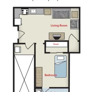 A floor plan of a one-bedroom apartment featuring a living room and kitchen.