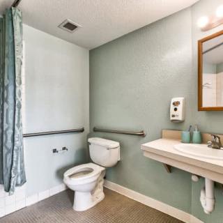 An accessible bathroom with handrails, a toilet, and a sink with a mirror.