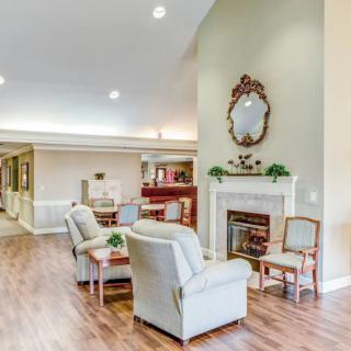 A cozy living room featuring lounge chairs, a fireplace, and elegant decor.