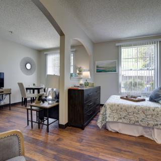 A cozy studio apartment with a combined living and sleeping area, featuring hardwood floors and ample natural light.