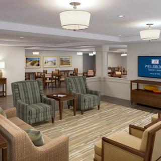 A modern lounge area with comfortable seating and stylish decor.