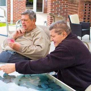 Two senior men enjoying a leisurely moment together outdoors.
