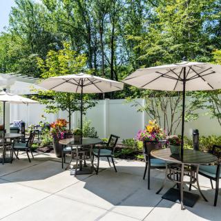 A sunny outdoor patio with tables, chairs, and umbrellas surrounded by greenery.