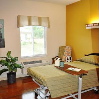 A well-lit hospital room featuring a patient's bed, comfortable chair, and a touch of greenery.