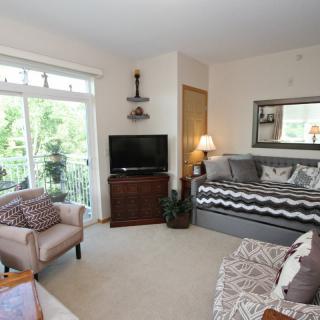 A cozy living room with a daybed, armchair, and TV, filled with natural light.