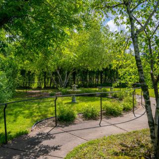 A tranquil park with a winding pathway surrounded by lush greenery and trees.