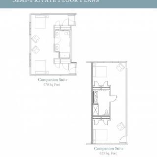 Blueprint of two compact suite floor plans with measurements.