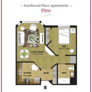 Floor plan of Pine apartment at Kneilwood Place Apartments, featuring a living room, dining area, kitchen, and one bedroom.