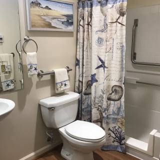 A nautical-themed bathroom with a shower, toilet, and decorative elements.