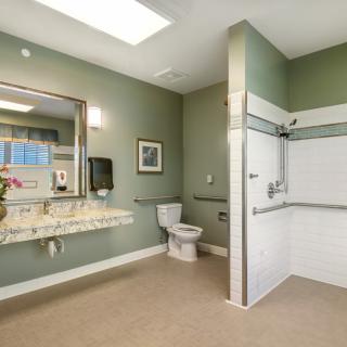 A modern accessible bathroom featuring a toilet, sink, and shower with green walls.