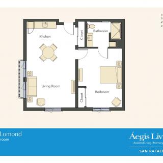 A one-bedroom apartment floor plan showing a layout with a living room, kitchen, bedroom, and bathroom.