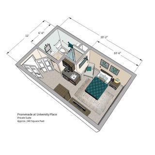 3D floor plan of a bedroom with detailed furniture and layout.