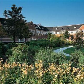 A scenic garden with a pathway leading to a building in the background.