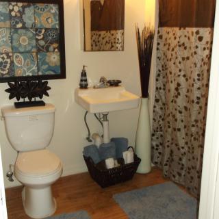 A well-decorated bathroom with a sink, toilet, and patterned shower curtain.