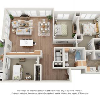 A 3D floor plan of a two-bedroom apartment with a living room, kitchen, and bathroom.